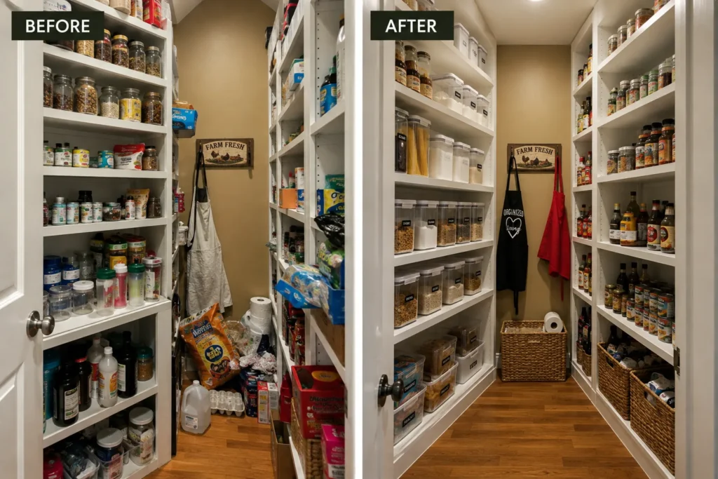 Before and after of a pantry: crowded shelves, then labeled containers