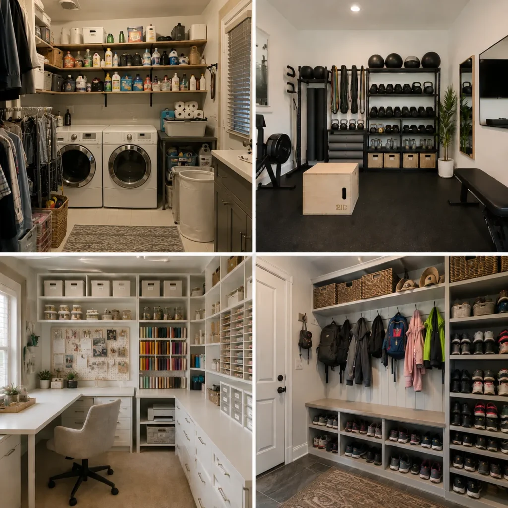 Collage of an organized closet, laundry room, garage and craft room