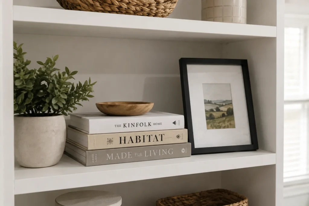 Styled white shelf with a plant, books and a framed print