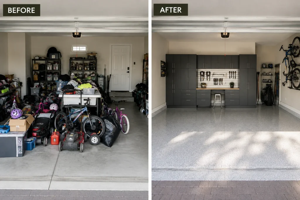 Before and after of a garage: bikes and boxes on the floor, then a clear floor with wall storage