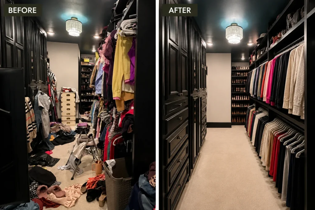 Before and after of a walk-in closet: clothes strewn about, then hung by color