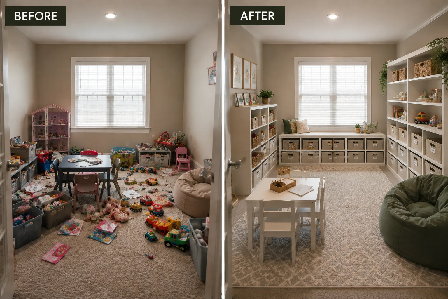 Before and after of a playroom: toys everywhere, then tidy cube storage
