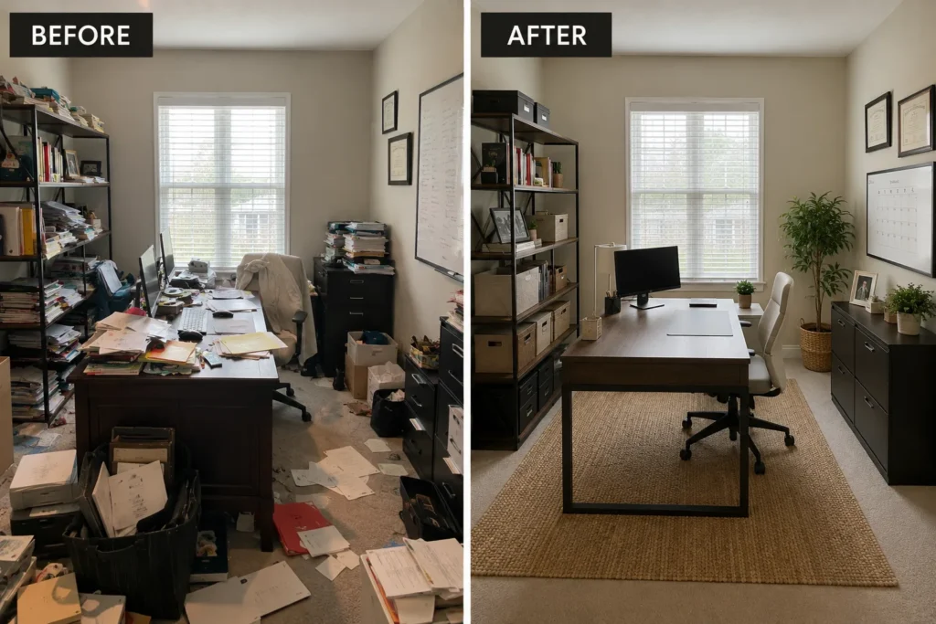 Before and after of a home office: papers piled up, then a clean desk