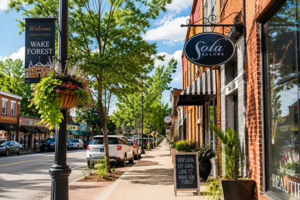 Downtown Wake Forest street with brick buildings and hanging flower baskets