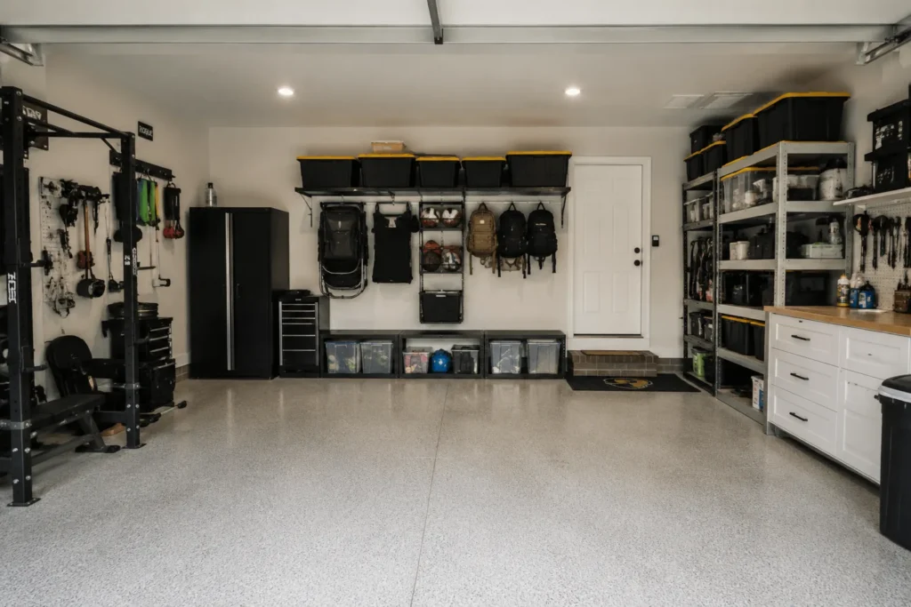 Organized garage with wall storage, shelving and a clear floor