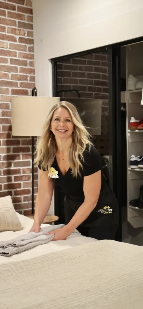 Professional organizer folding linens in a closet